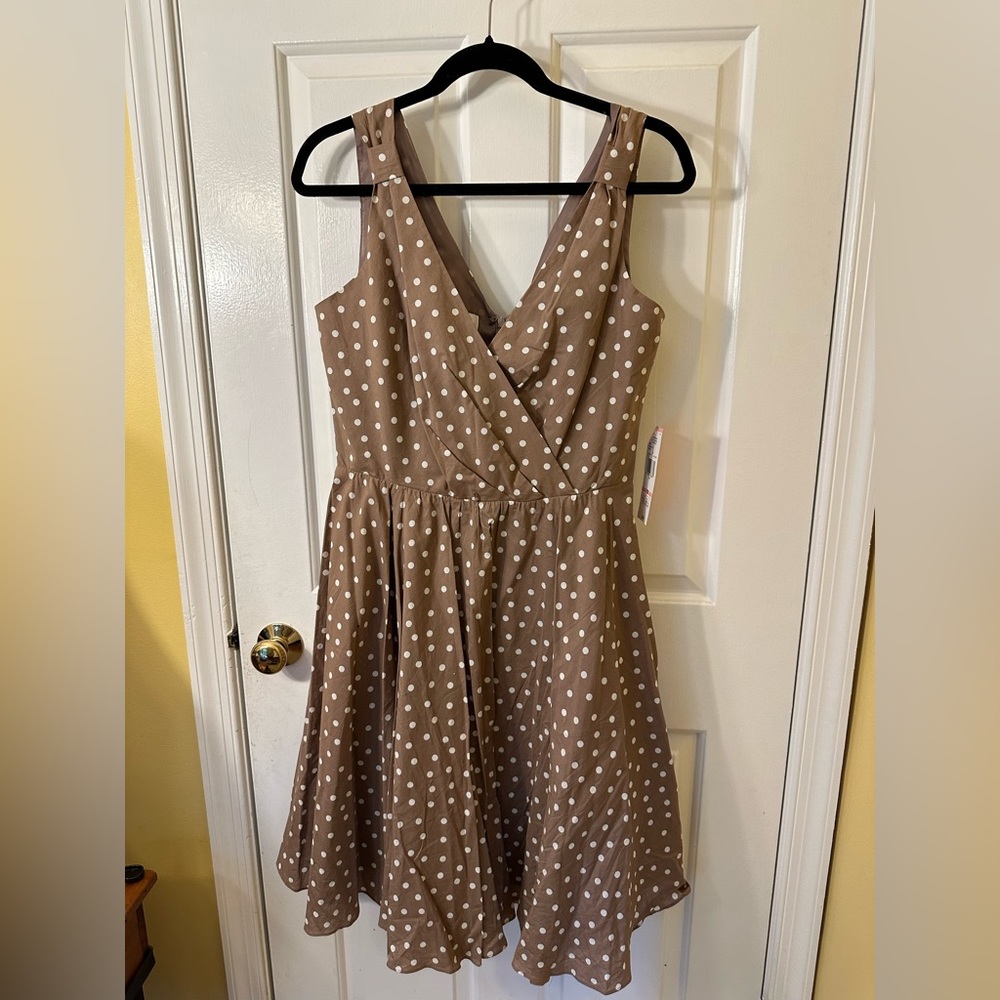 Taupe Polka Dot V-Neck A-line Midi Dress